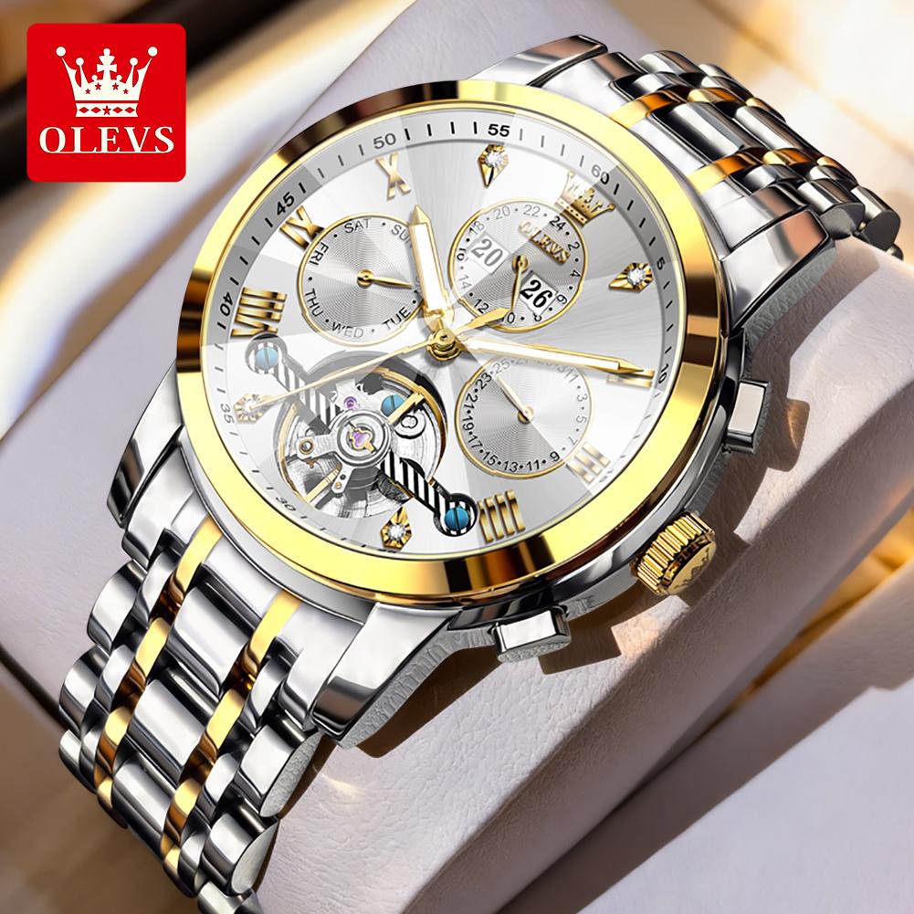 OLEVS Automatic Mechanical Watches for Men Stainless Steel Skeleton Flywheel Perpetual Calendar Rhombus Mirror Luxury Man Watch