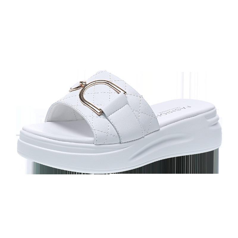 Summer New Slippers Women's Versatile Leather Thick Soles Increase Height Casual Wear Women's Shoes Non-slip