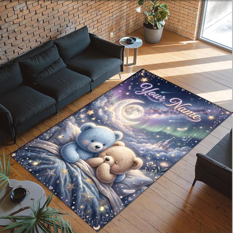 Teddy Bear Theme Crystal Velvet Rug Personalized Custom Name Text Soft Floor Mat Home Decor