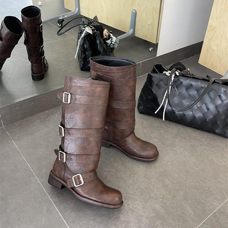 Edition Wide Knight Boots Women's Boots 2025 New Low Heel Belt Buckle Western Wasteland Wind Boots