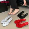 Fashion Red Fashion Round Toe Ladies Low Heel Slippers Sandals Shoes Summer Beach Slides Women Heeled Slippers Shoes Female Flip flops