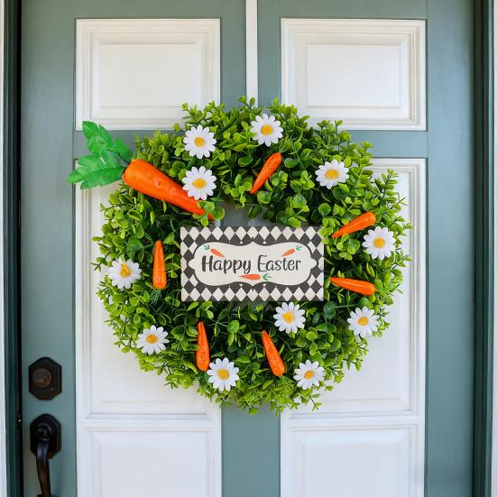 Artificial Eucalyptus Wreath with Carrots Spring Summer Wildflower Wreath with Green Leaves for Front Door Wall Window Porch Easter Party Decor