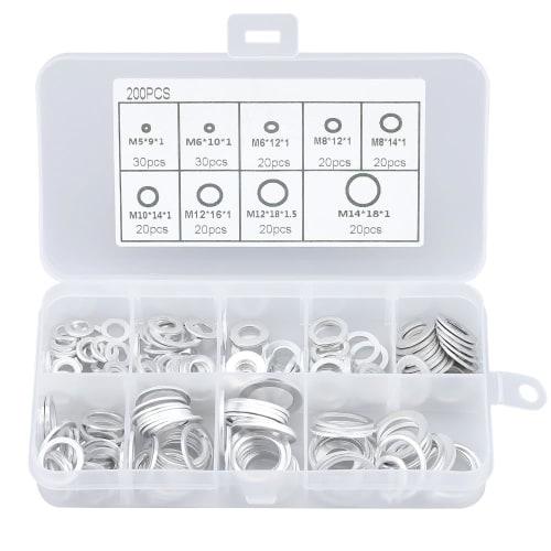 Glvaner Washers, Aluminum Flat Washers, Oil Drain Gaskets, 200-Piece Set, 9 Types, Heat-Resistant Washer O-Rings, M5, M6, M8, M10, M12, M14, Suitable