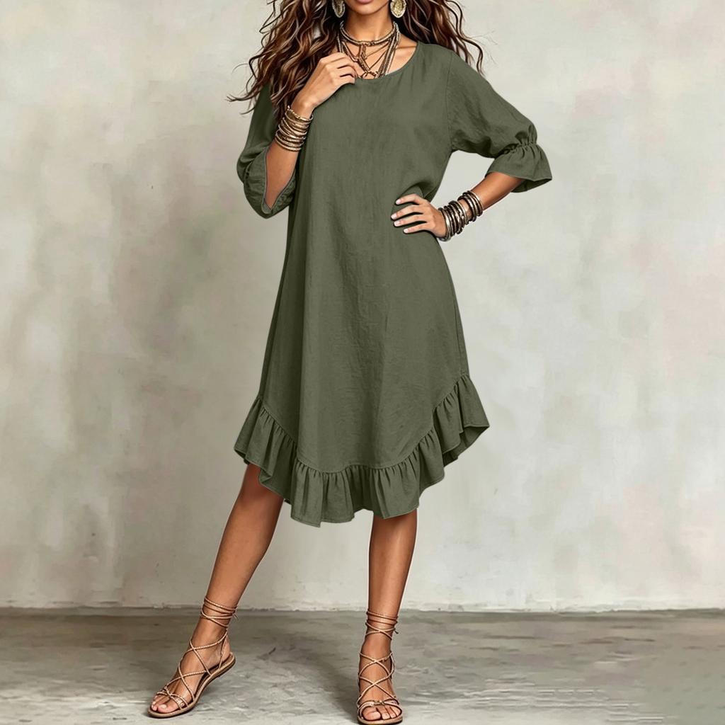 Damen Sommerkleid mit V-Ausschnitt, Ellenbogenärmeln, lockerem Schnitt und Rüschensaum für den täglichen Gebrauch