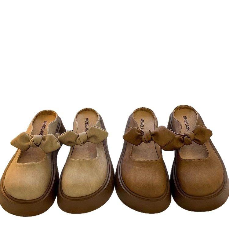 French bow bag head half slippers women's outer wear 2025 new spring thick bottom with skirt Mary Jane cool slippers