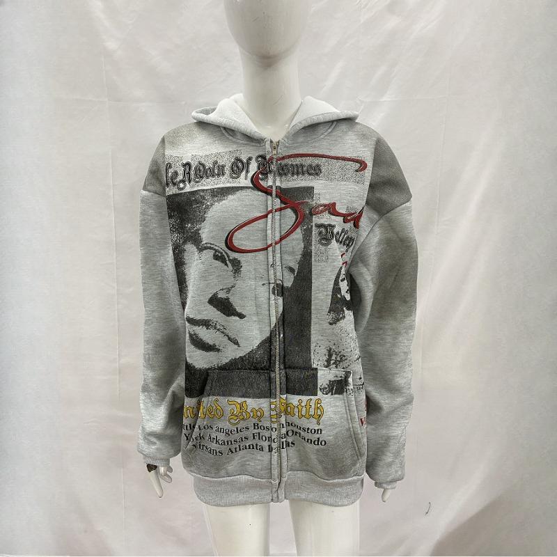 Y2K Punk Hip-hop Autumn/winter Street Print Cardigan Casual Personalized Sports Zipper Hooded Sweatshirt