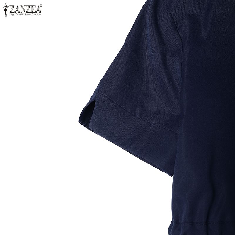 ZANZEA Women Casual Turn Down Collar Loose Short Sleeve Drawstring Dress