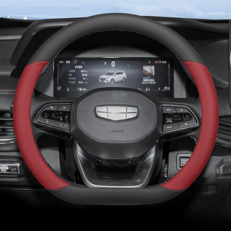 Genuine Leather Steering Wheel Cover for 24 Geely Models: Haoyue L, Xingyue L, Zhiqing, Xingrui, Binrui, Binyue - Green