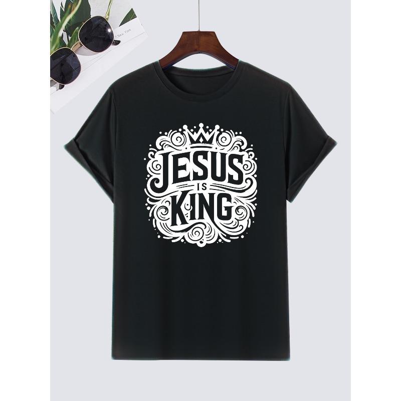 European Size Men's Casual Summer Jesus Is King Graphic Print T-Shirt, Crew Neck, Short Sleeve, Machine Washable