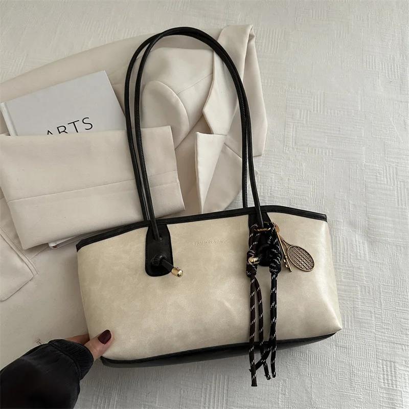 European American Retro Tote Bag, Korean Fashi Shoulder Bags Advanced Simple Handbag New Large Capacity Pendant Versatile Bags