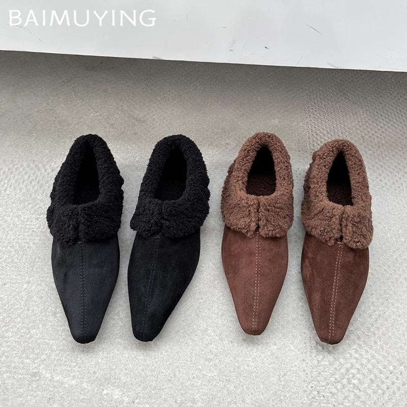 Fur Flats Women Boots Suede Pointed Toe Elegant Short Plush Winter Cotton Shoes 2025 Trend Designer Warm Cozy Chaussures Femme