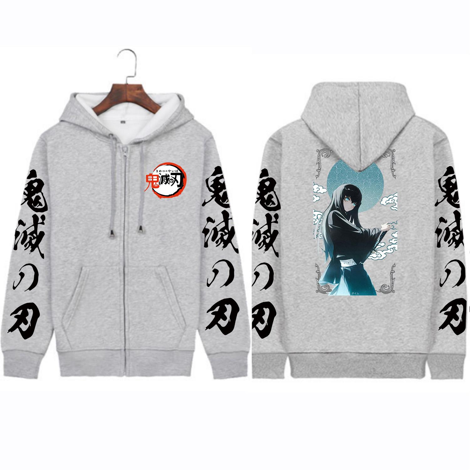 

Demon Slayer Tokitou Muichirou Аниме Толстовки на молнии Мужчины Женщины Мода Harajuku Толстовки с длинными рукавами Повседневная готическая куртка на молнии Пальто 4XL серый