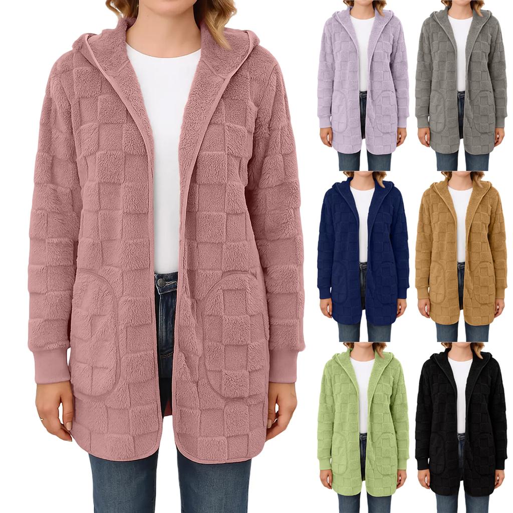 Women's Fashionable Solid Color Long Sleeved Plush Jacket, Casual Hooded Warm Cardigan Jacket With Pockets