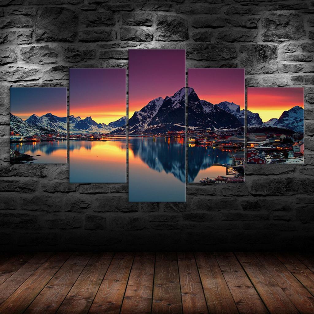 Nordic Town Evening Sky 5 Piece Canvas Wall Art Multi Panel Print Modern Winter Mountain Landscape Poster Home Decor Gift For Him For Her