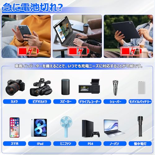 [2025 New Model] Car Inverter, Car Charger, 200W, Converts DC12V to AC100V, LCD Display, Car Charger, Compatible with 12V Vehicles, Adapter, AC O