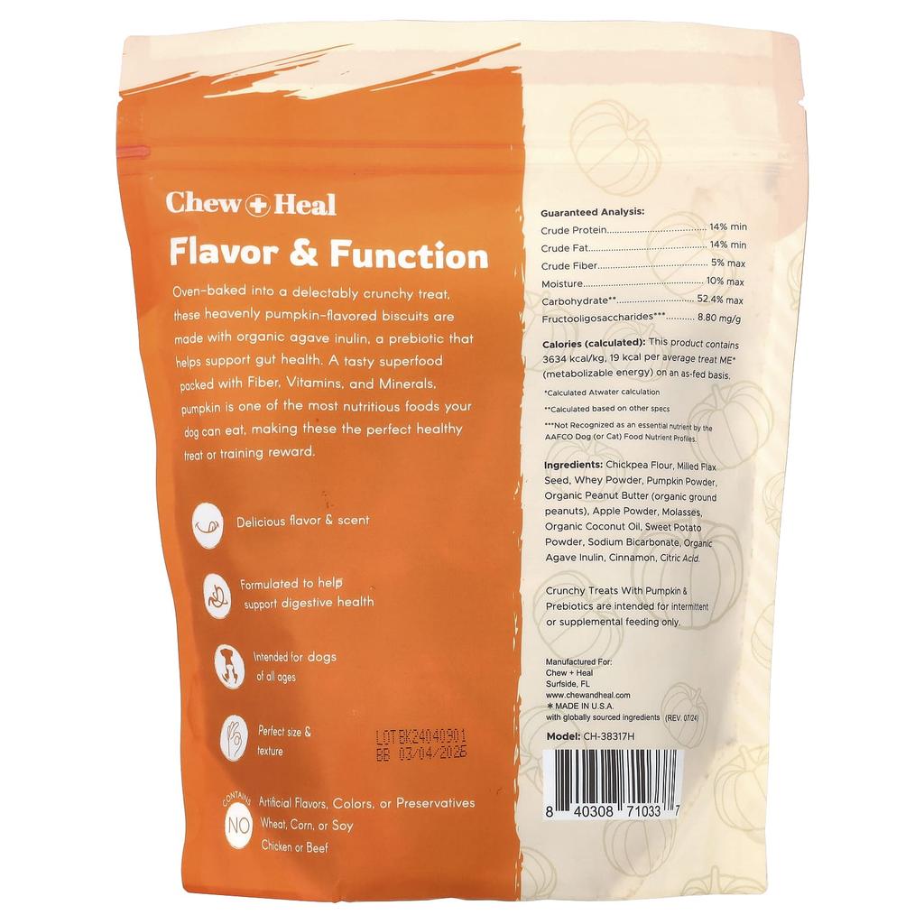 Chew + Heal Crunchy Treats with Pumpkin & Prebiotics, For Dogs, All Ages, 340G (12Oz)