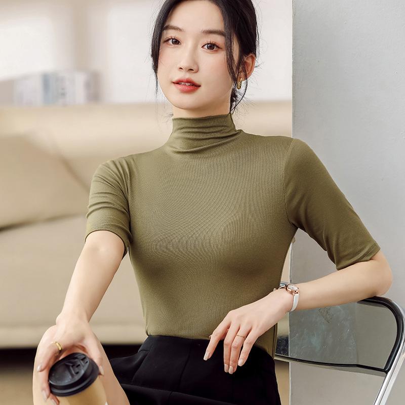 Sommer-Tops, Rollkragen, einfarbig, halbe Ärmel, schmale Passform, glatt, Sommerkleidung, Damen-Stretch-Schicht, bequemes High-Neck-Top, Alltagskleidung