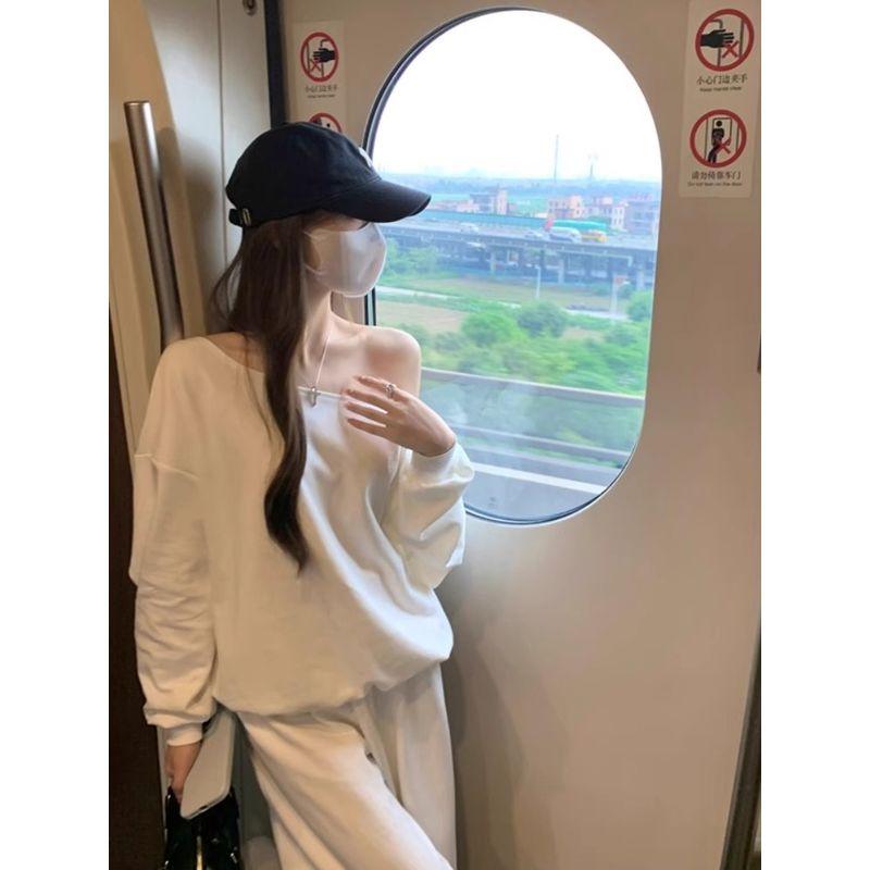 Kumikumi Idle Style Set White Sloping Shoulder Long Sleeve Hoodie Women Autumn High Waist Slimming Casual Pants Two-piece Set