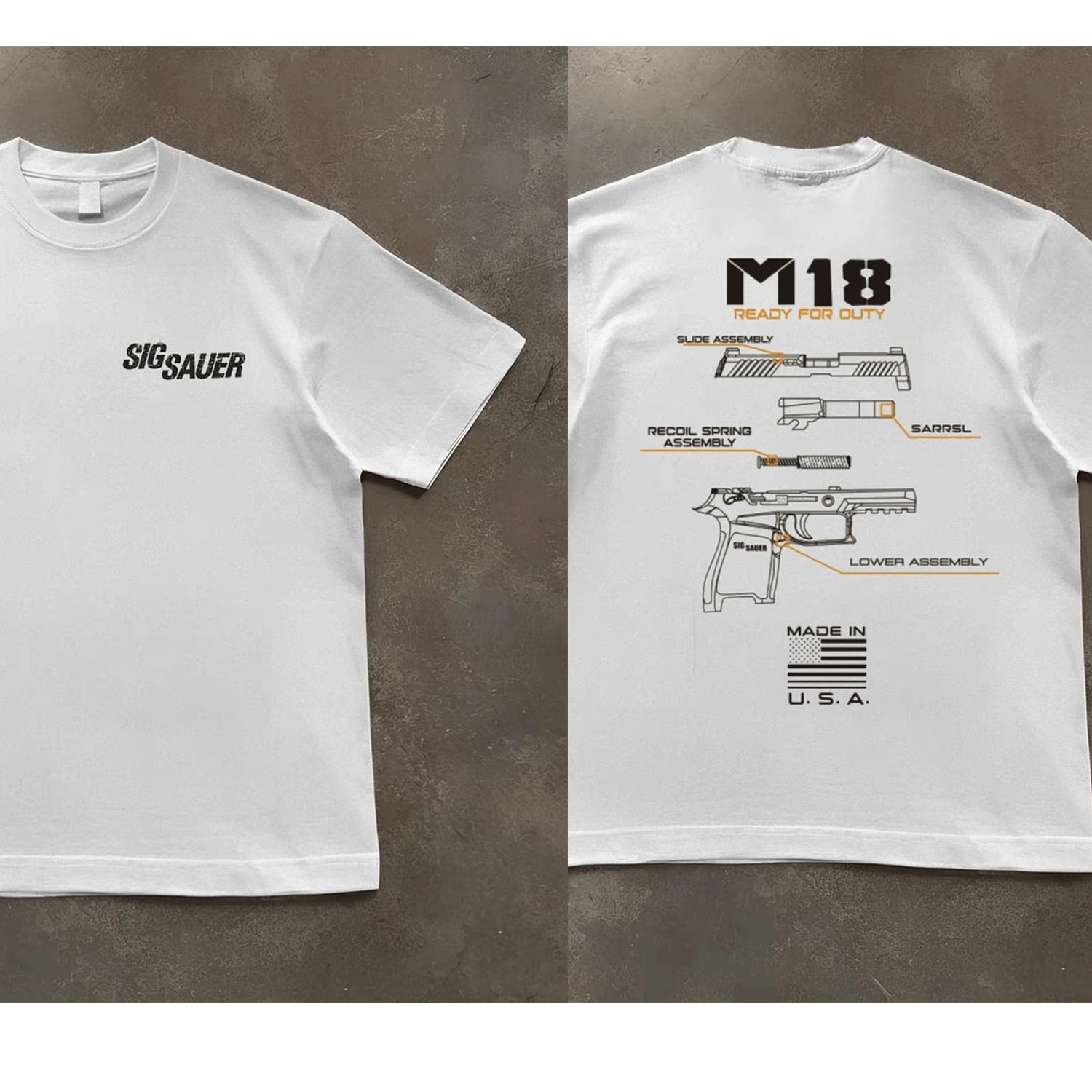 

Мужская футболка с графикой SIGSAUER M18 100% хлопок, влагоотводящая, дышащая, тактическая футболка для военного энтузиаста S