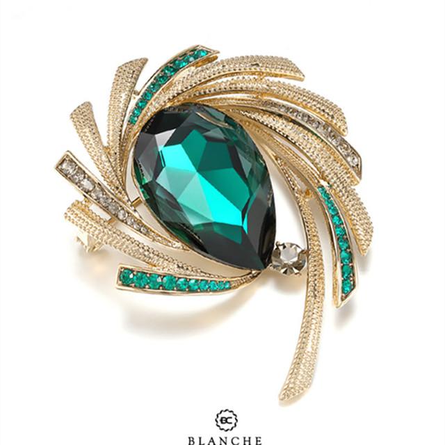 Female Fashion Purple Green Crystal Flower Brooches For Women Luxury Gold Color Alloy Zircon Vintage Plant Brooch Safety Pins
