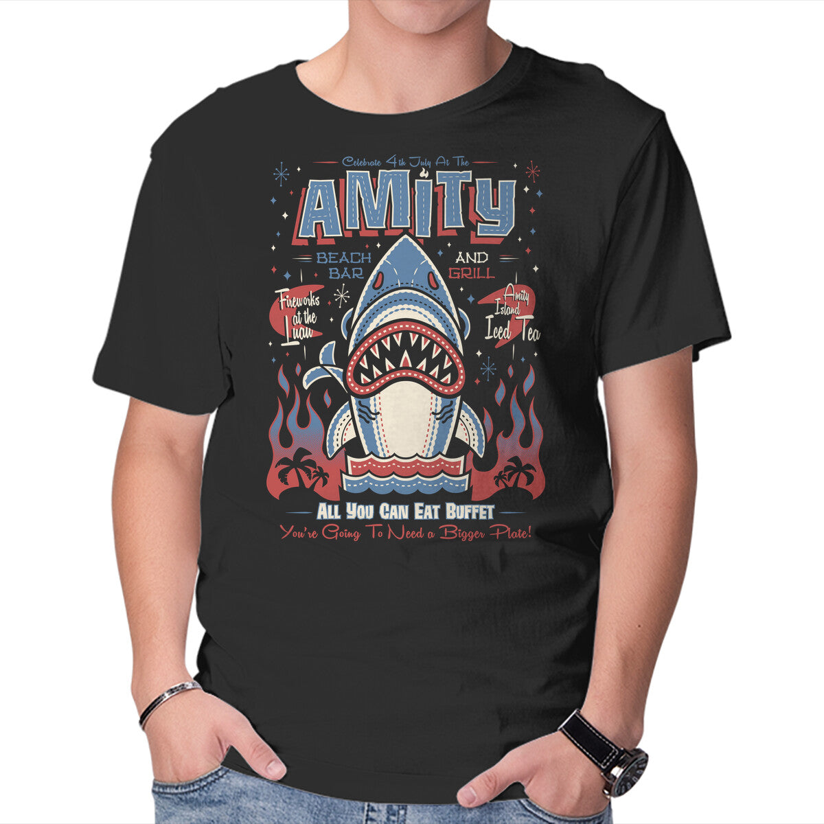 Unisex Crew Neck T-Shirt Amity Beach Bar Graphic Short Sleeve Casual Tee XXL