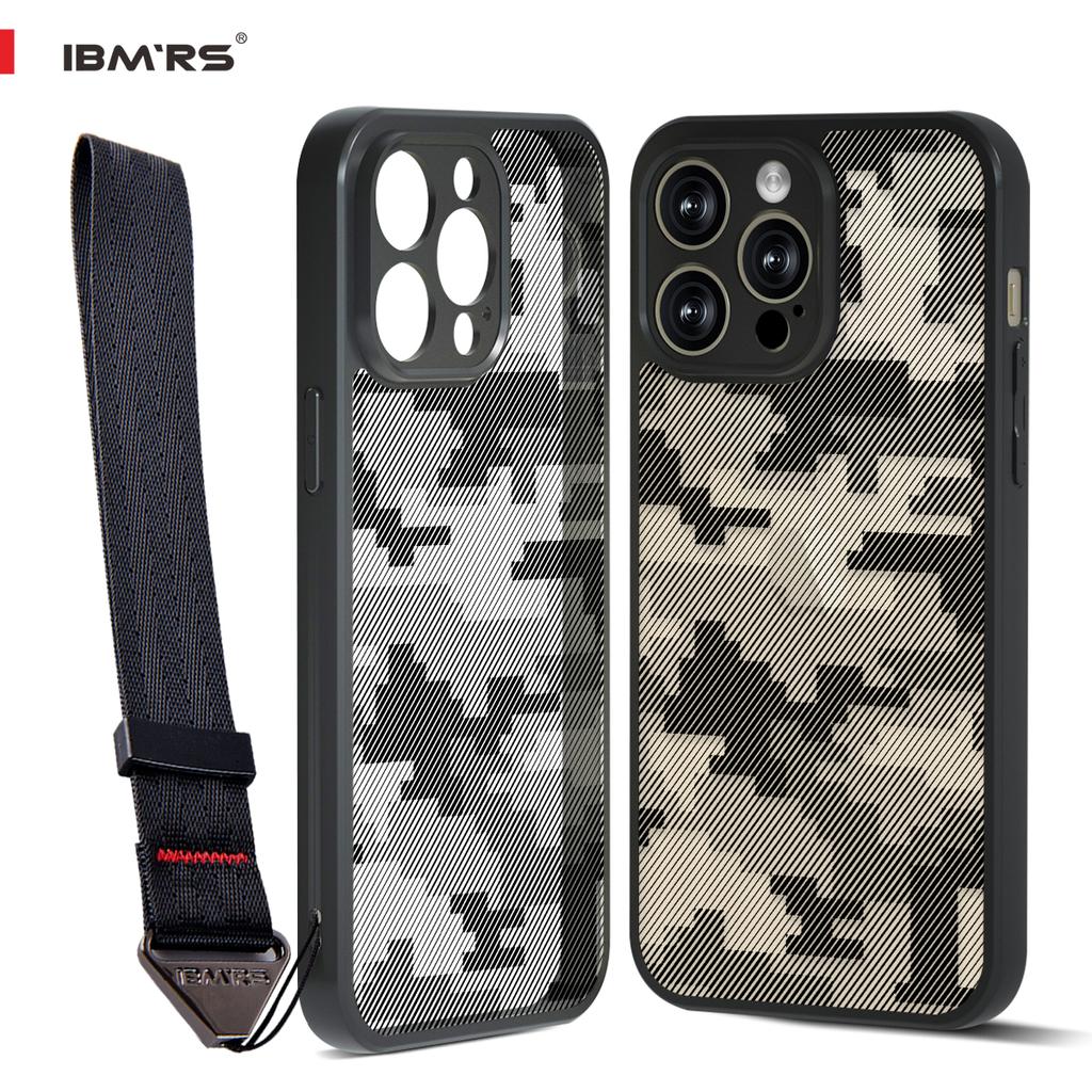 (Comes with wrist strap)IBMRS for Apple iPhone 14 pro max Case 6.7 Inches camo  Clear Hard Back and Flexible TPU Frame Shockproof Phone Cover