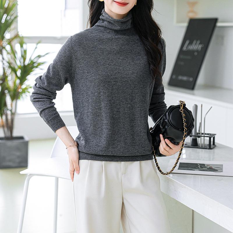 0 Wool Sweater Women's Loose and Thin Long Sleeves Stacked Collar Curled Pullover Sweater Backing Knitted Top Thin New