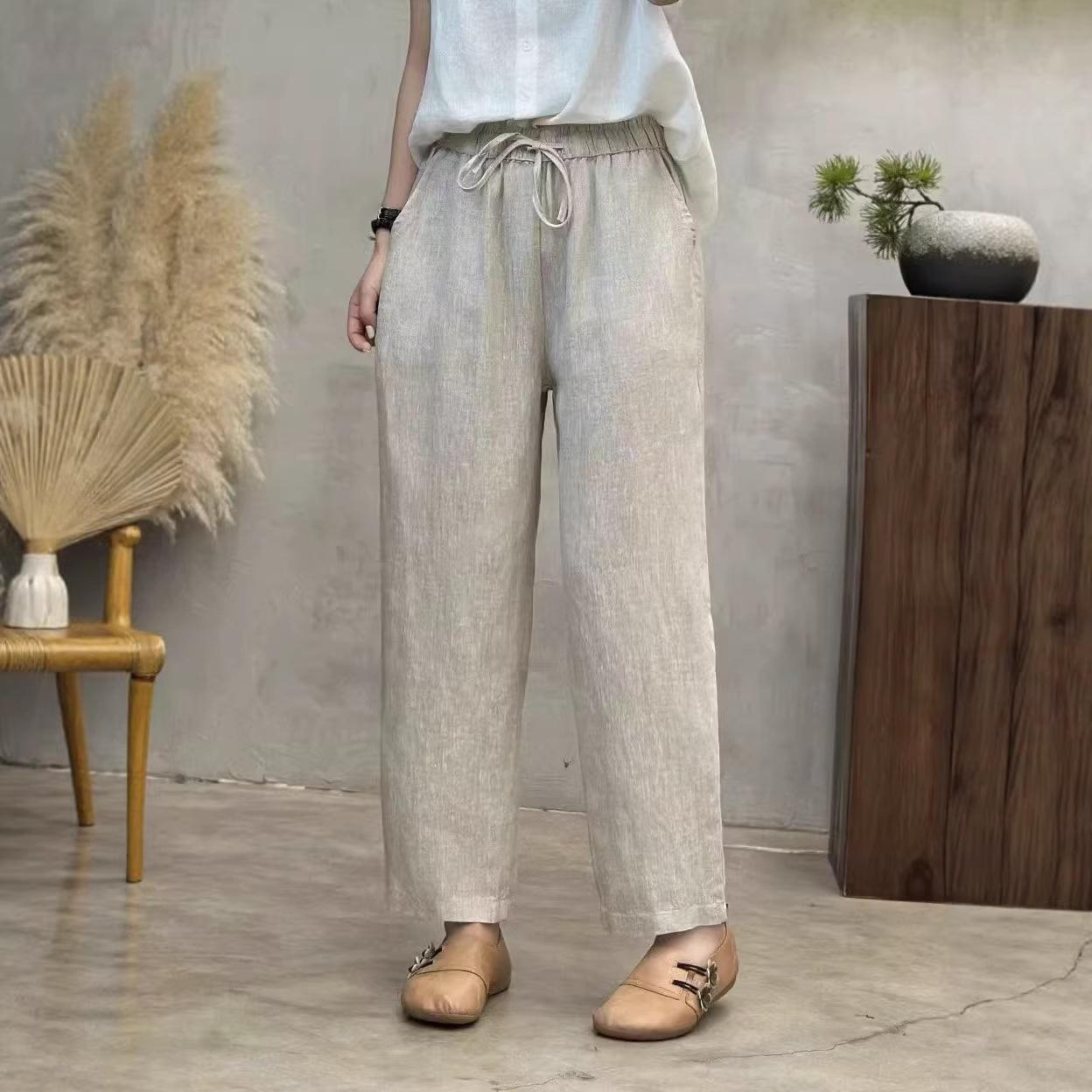 

2026 Spring/Summer Women s Elastic Waist Drawstring Pure Linen Tapered Harem Pants - Artistic Casual Style XL льняной/естественный