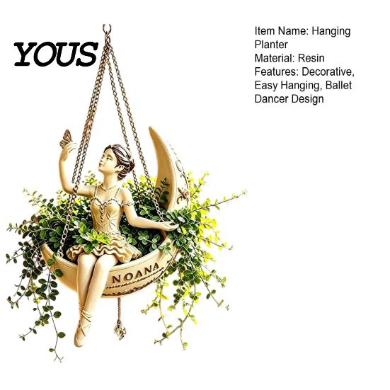 Space Saving Plant Display Ballet Dancer Hanging Planter, Ballerina Sitting on Crescent Pot, Decorative Indoor Outdoor Holder Resin Flower Pot