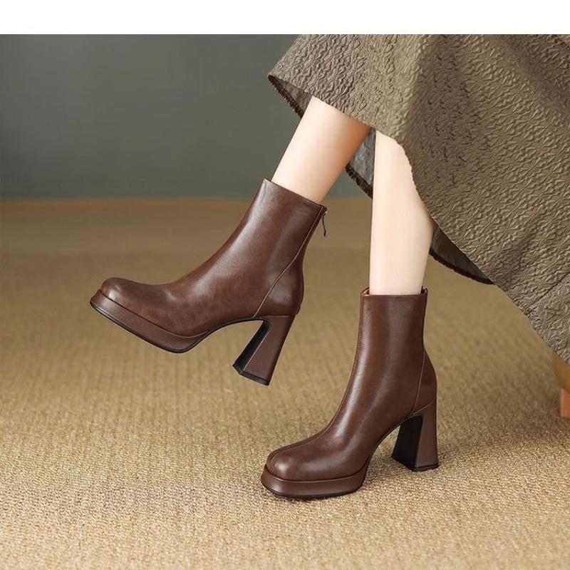 Fashion 2025 New Fall Winter Platform Back Zip Block Heel Booties Brown Vintage Boots