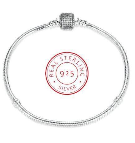 925 Silver Moments Signature Clasp Crystal Snake Chain Bracelet Bangle Fit Bead Charm Jewelry