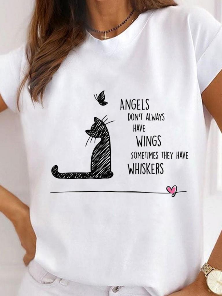 Fashionable Cartoon Cat Printed Womens Tshirt Fashionable Round Neck Top Casual Short Sleeved Womens Clothing