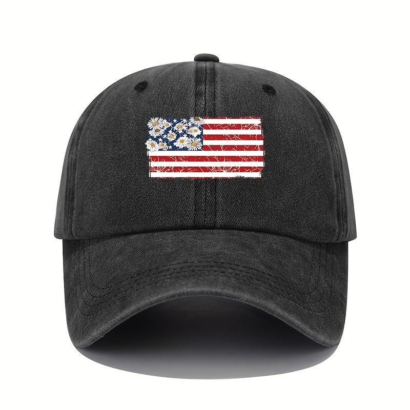 Retro American flag print baseball cap with sun protection and patriotic design for men and women to wear all seasons