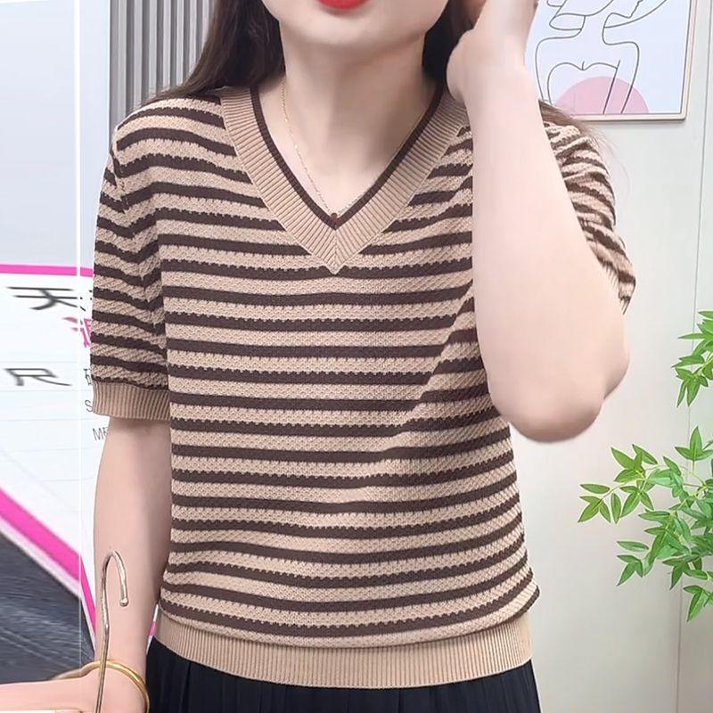 

Летний женский свитер крупной вязки с воротником, свободный и стройнящий топ, полосатая футболка из ледяного шелка 3XL