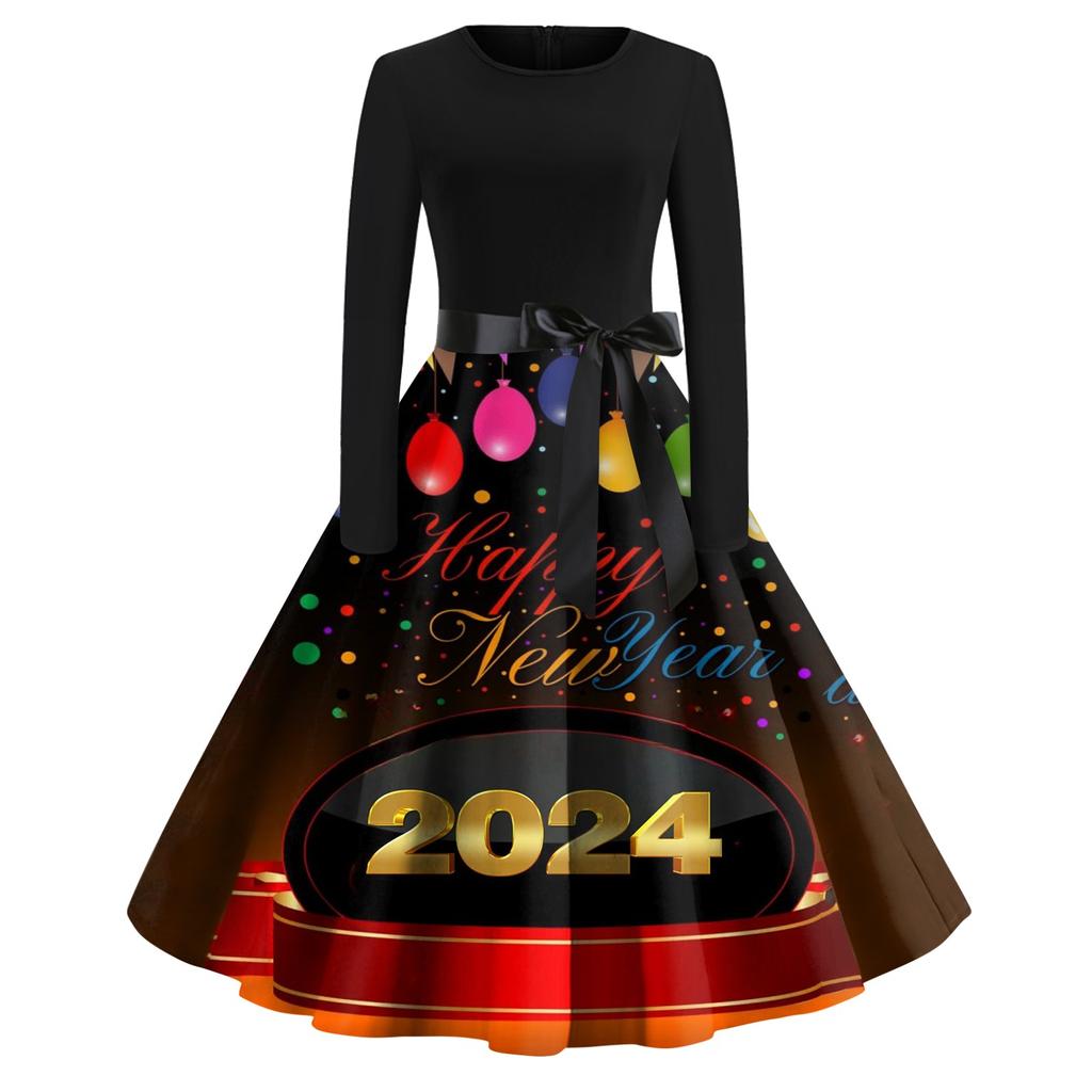 Women's Vintage Classic Dress Long Sleeve 2024 New Year Printed Ound Neck Swing Dress