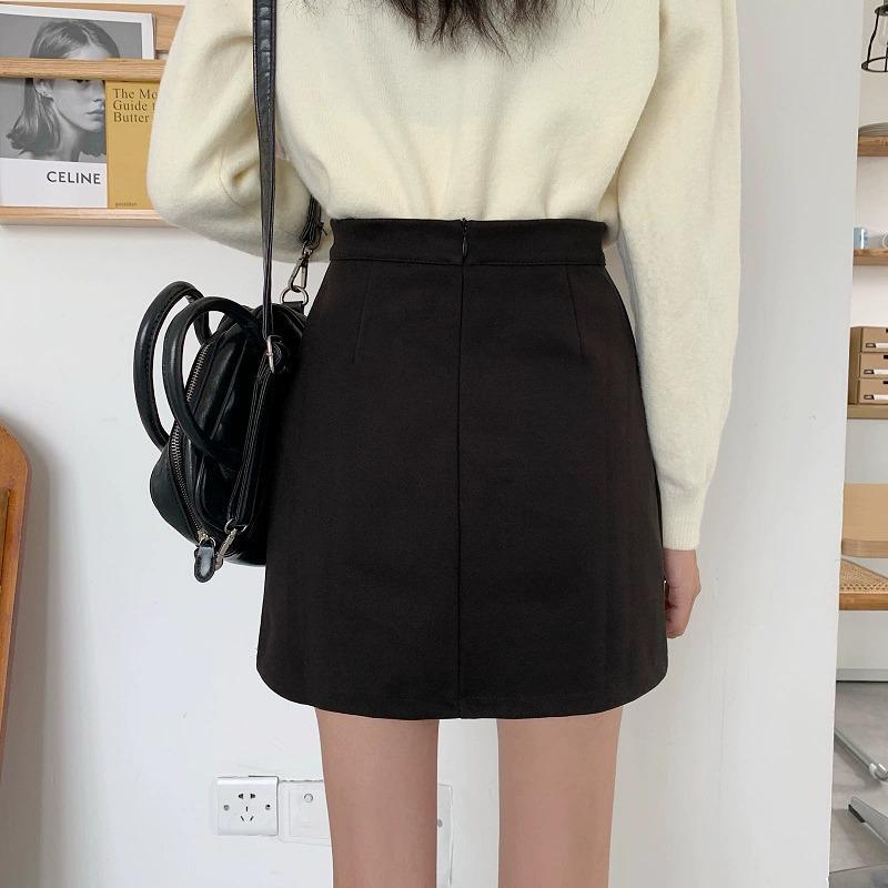 2024 Petite Women's Black A-Line Woolen High Waist Bodycon Mini Skirt - Versatile Slimming Design for Autumn/Winter