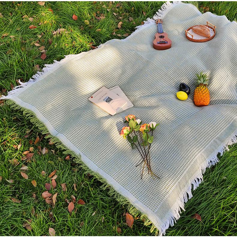 Waffle Tassel Picnic Blanket, Ins Style Breathable Linen Camping Mat, Decorative Beach Throw Blanket