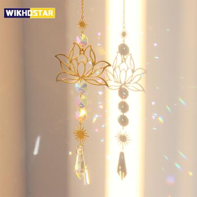 1Pc Suncatcher Gardening Crafts Golden Lotus AB Colorful Water Drop Crystal Decoration Pendant