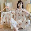 Short-Sleeved Pajamas Three-Piece Korean Version Of Sweet And Cute Cardigan Women'S Loungewear