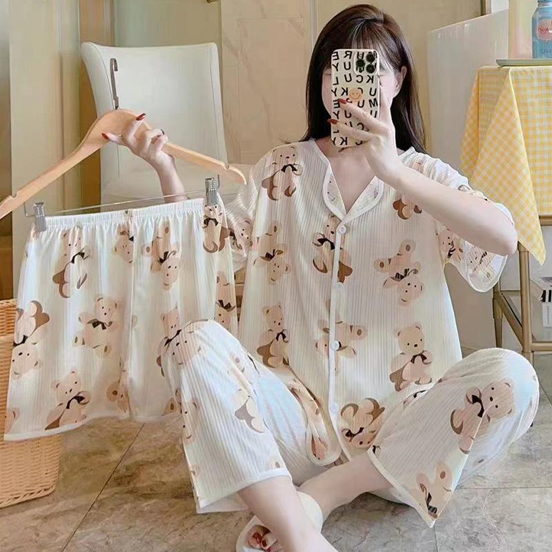 Short-Sleeved Pajamas Three-Piece Korean Version Of Sweet And Cute Cardigan Women'S Loungewear