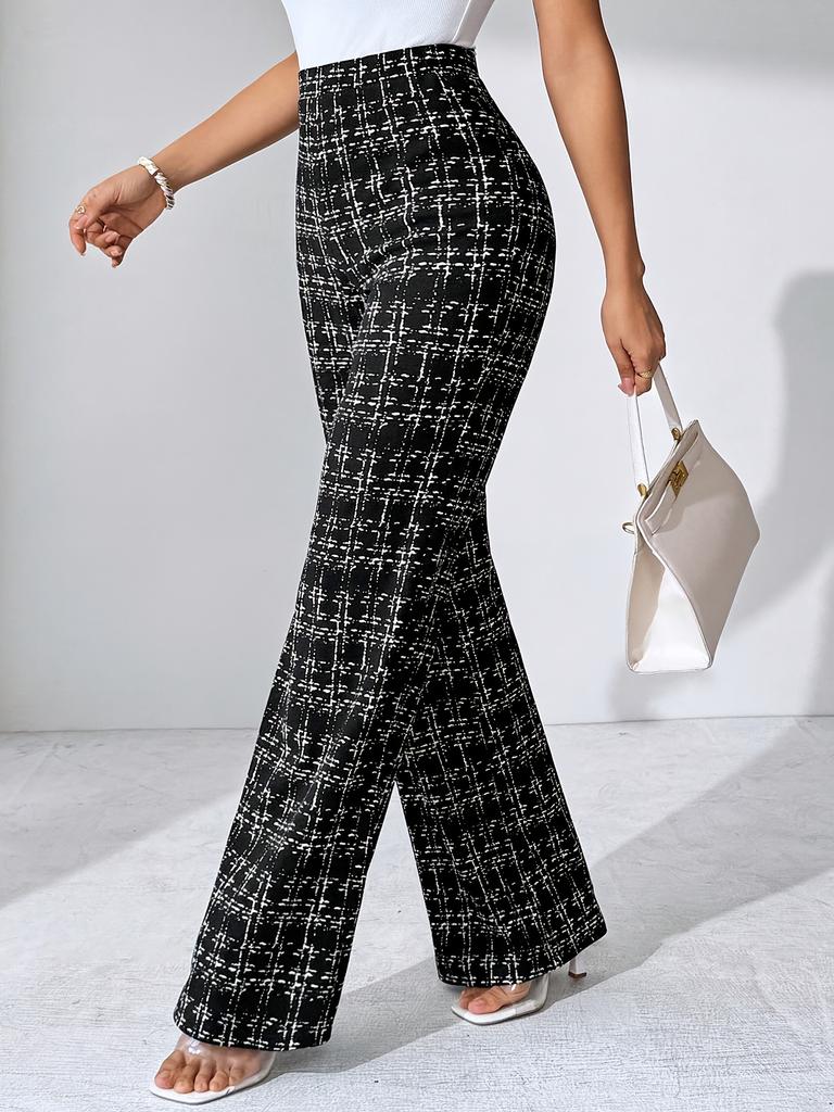 [Stretchy Flare Pants] High-Waisted Stretchy Women's Black and White Plaid Flare Pants | Casual Pants for Spring/Summer/Fall | Glossy Finish Pant