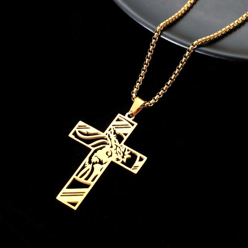 Hip Hop Punk Crown of Thorns Jesus Cross Necklace for Men Stainless Steel Gold Plated Crucifix Pendant Necklaces Jewelry