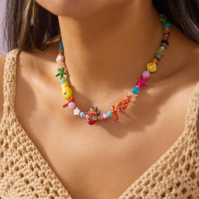 Versatile Beaded Choker Necklace Colorful Fish Starfish Ocean Charms Fashion for Women Summer All Occasions Wear