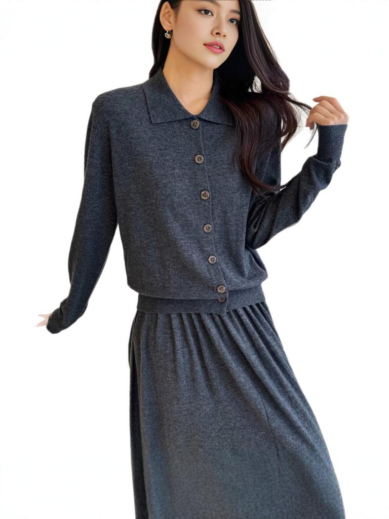 Women's 100% Wool Polo Collar Long Sleeve Cardigan - Old Money Style, Simple Lapel Knit Sweater