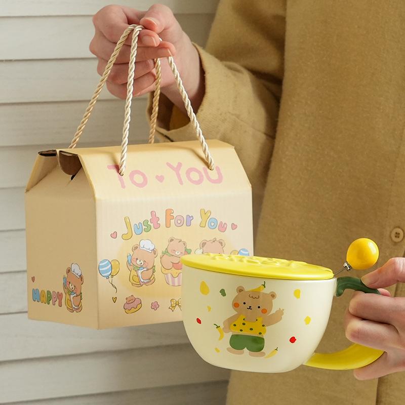 Cute And High-Value Bear Ceramic Cup With Lid And Spoon, Home Office Couple Water Cup Girl Gift