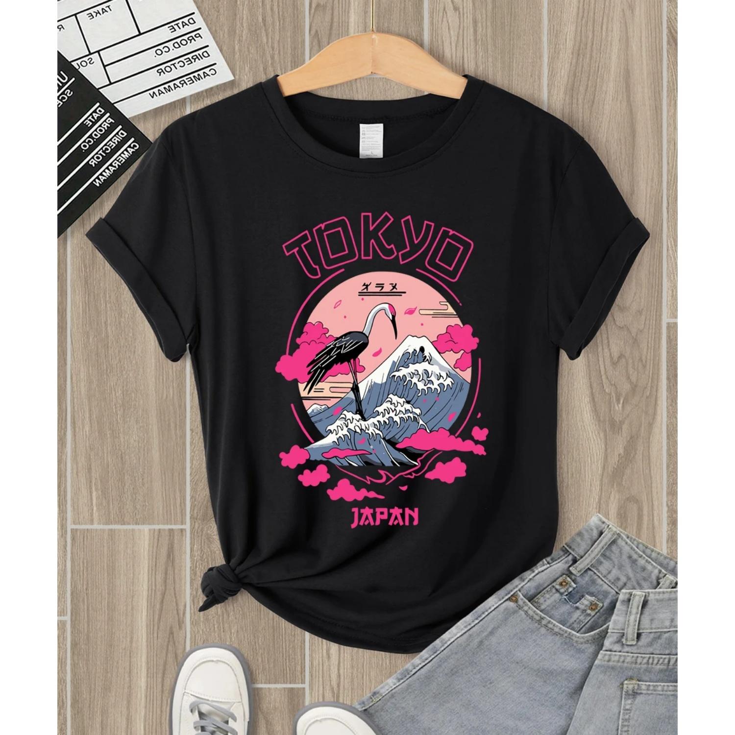 Tokyo Japan Crane Waves Print T Shirts Women Multicolor Soft T-Shirt Summer Hip Hop Clothing Y2K Casual Woman Short Sleeve S чёрный