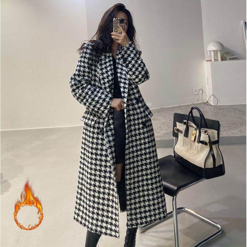 Cappotto in Lana da Donna Autunno Inverno Cappotto Doppio Petto da Donna Cappotto in Lana di Media Lunghezza Pied de Poule Coreano Giacca Invernale da Donna