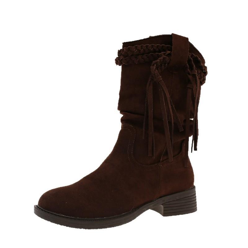 Retro Style Square Head Suede Fringed Strap Thick Heel Medium Boots Women's Autumn 2025 New Sleeve Versatile Fringed Boots