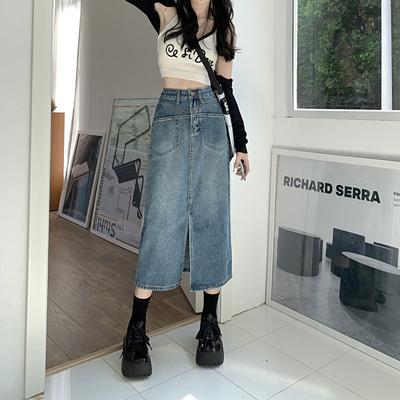 High-waisted Design Pocket Denim Skirt Female Summer Thin Open Fork Retro A-line Package Hip Half-body Skirt Comfortable Fashion Denim Bustier Skirt