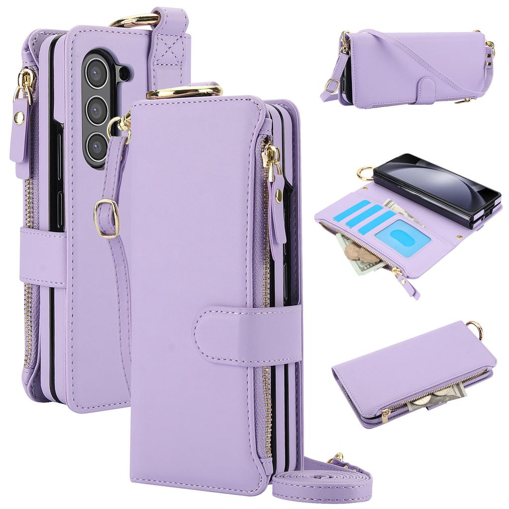 Crossbody Leather Phone Case with Card Holder Zipper Wallet Wristband for Samsung Galaxy Z Fold 7 6 5 4 3 Kickstand Cover